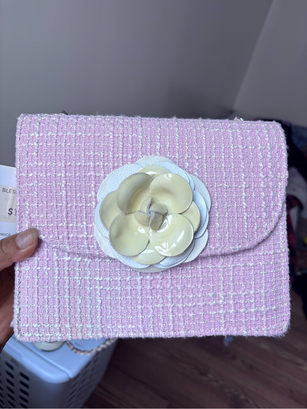 Pink Tweed Floral Accent Crossbody Bag